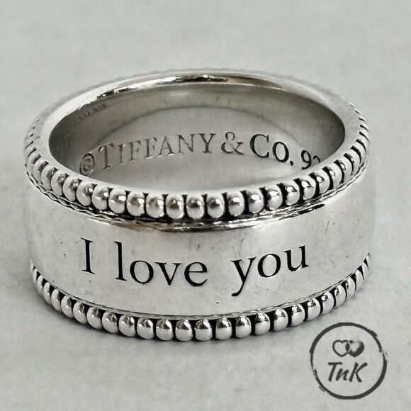 Tiffany I Love You Ring Beaded Milgrain 925 Silver Wide Band - Sz 4